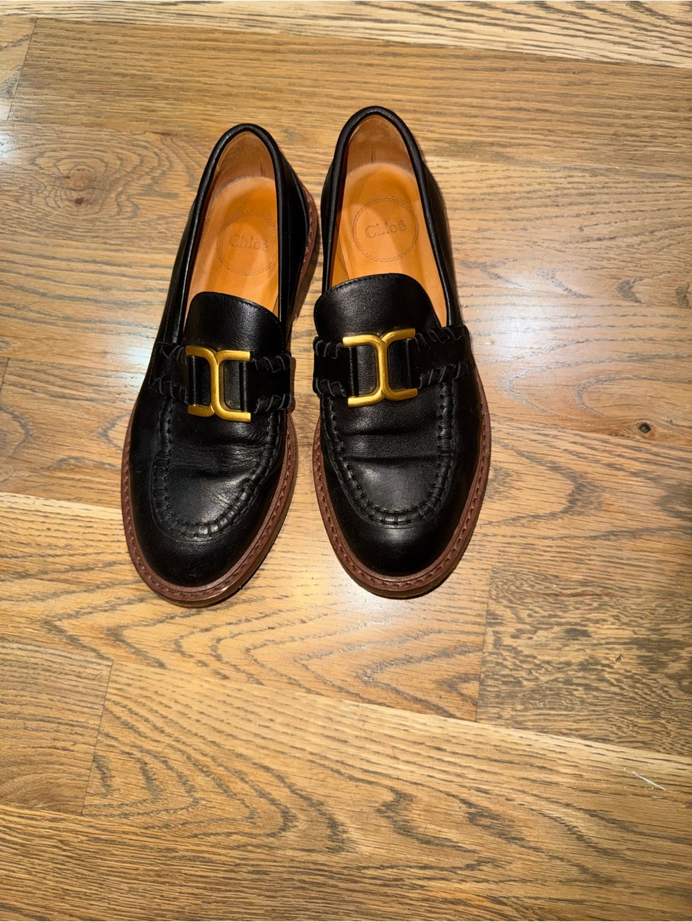 Black Leather Chloe Loafers with Gold Accent